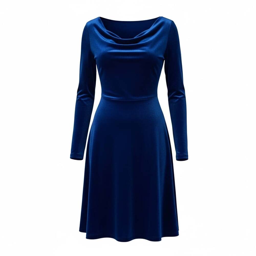 OSCORP Women's Royal Blue Velvet Cowl Neck Long Sleeve A-Line Swing Midi Dress